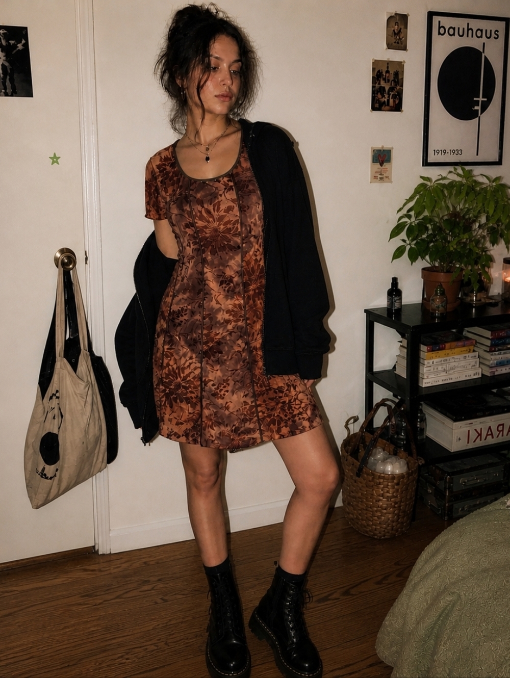 Y2K Revival Brown Floral Dress Stretch Velvet Burnout Whimsigoth Boho Plus Sz 1X
